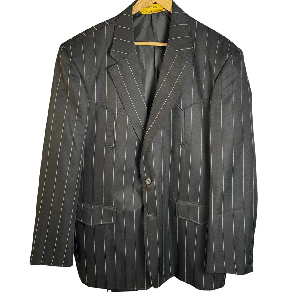 Elegante Mexico Mens Western Blazer 46‎ / 38  Black Pinstripe Herringbone Arrow
